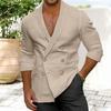 Men Summer Spring Shirt V Neck Double-breasted Solid Color Slim Fit Cotton Blend Lapel Shirt for Business Office Casual Wear