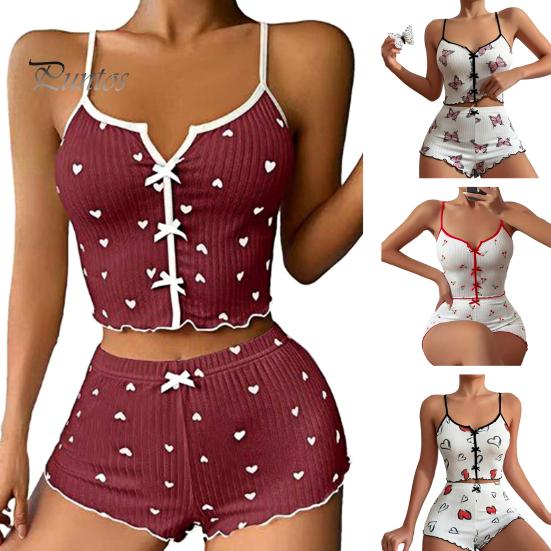 2 Pcs/Set Women Summer Pajamas Suit Butterfly Heart Printing Sleeveless Backless Cop Top High Waist Mini Shorts Daily Nightie Slim Fit Sleepwear