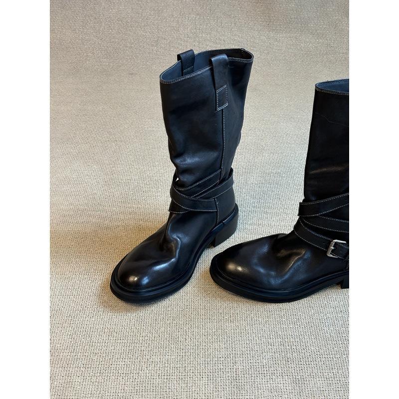 Версия из коровьей кожи~ ретро пряжка на ремне полусапоги ковбойские сапоги в западном стиле облегающие на толстой подошве сапоги для жарки улицы женские рыцарские сапоги