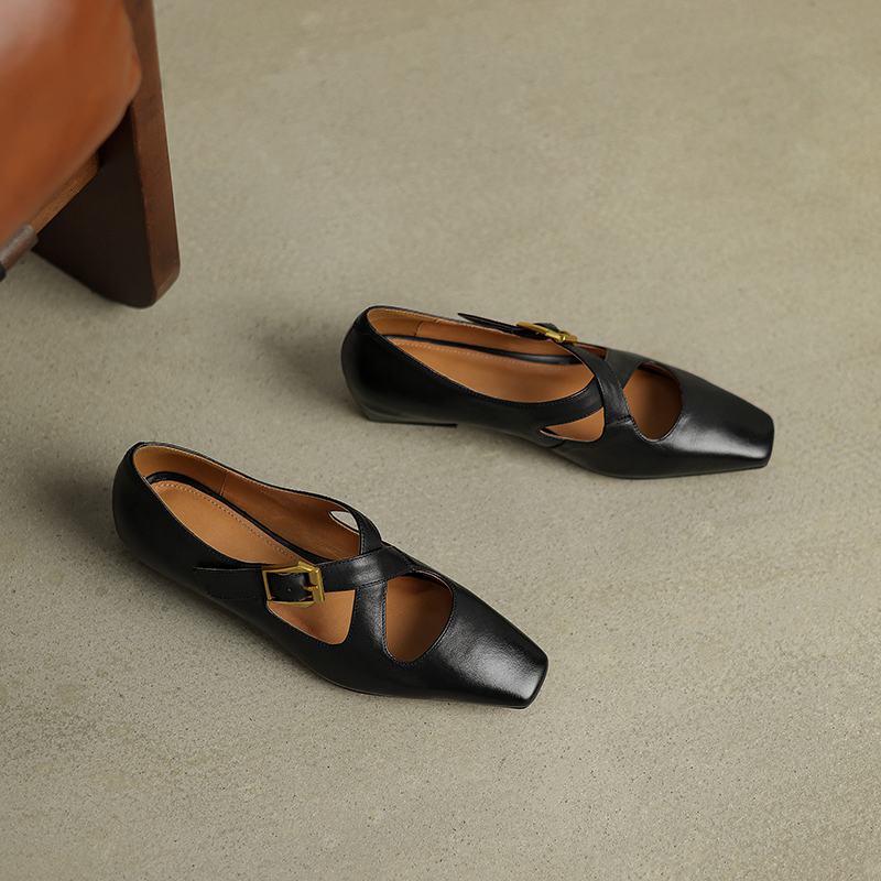 Krazing Pot Cow Skin Spring Summer Size 40 Thick Low Heels Women Square ToeShallow Pumps