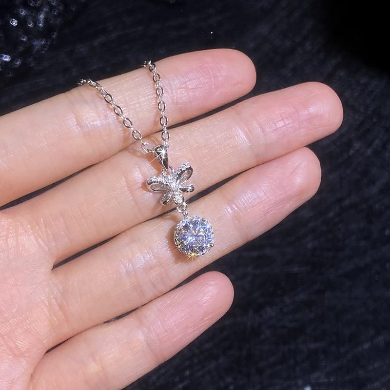 Womens Moissanite Tassel Bow Necklace Dainty Jewelry