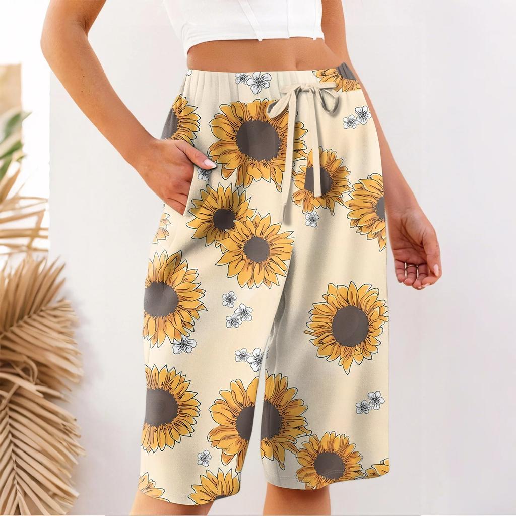 Женские летние свободные шорты из хлопка и льна с эластичным поясом и цветочным принтом