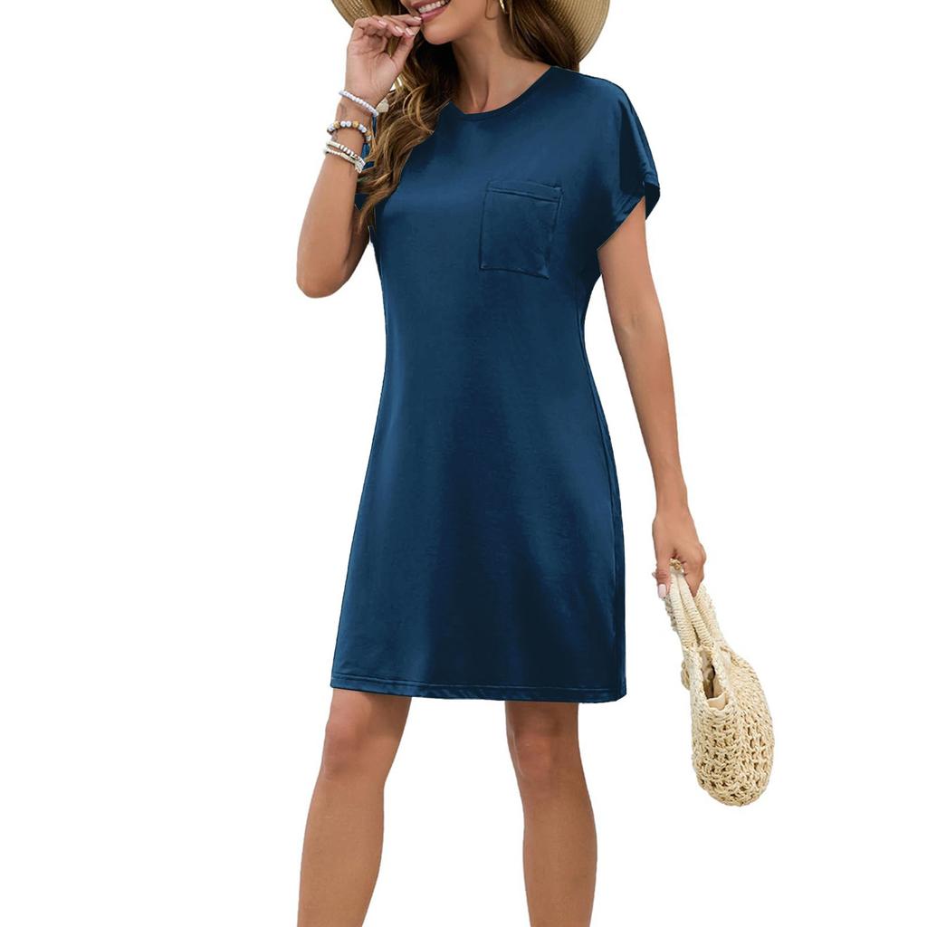 Женское модное повседневное летнее однотонное свободное платье с коротким рукавом и круглым вырезом