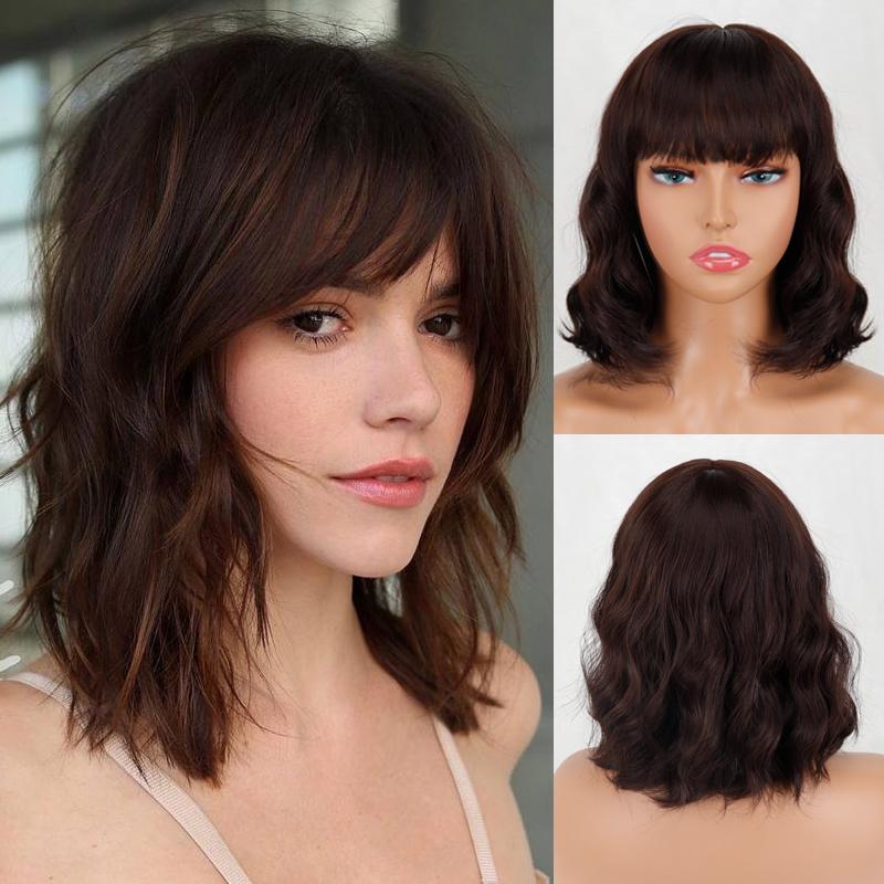 LISI HAIR Short Wave Bob Pink White Gradient Wig with Bangs Synthetic Fiber Short Wavy Daily Wear Cosplay Wig for Women