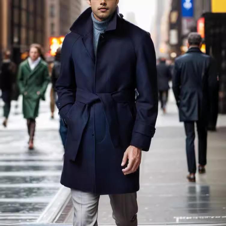 Осенне-зимнее мужское шерстяное пальто с рукавами реглан, модное шерстяное пальто средней длины с лацканами, повседневное пальто с поясом
