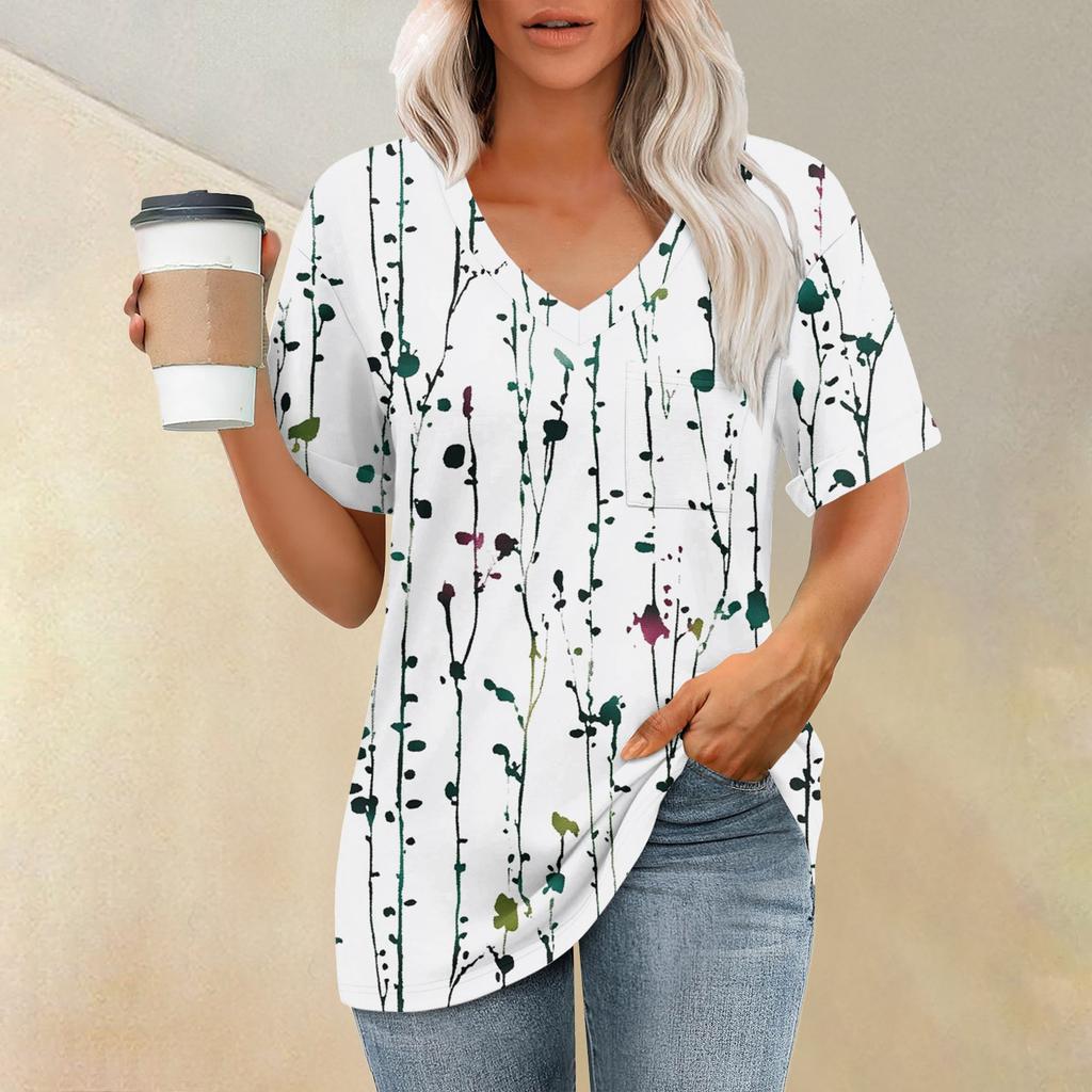 Women's Fashion Pocket V-neck Short Sleeve Plant Floral Print T-shirt Top