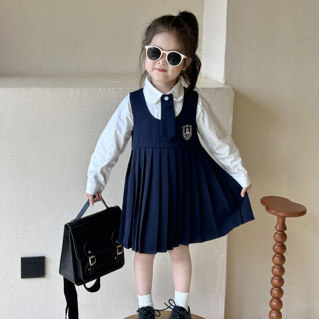 Весенне-осеннее детское платье в консервативном стиле, топ на бретелях, плиссированные платья + рубашка с длинными рукавами и вышивкой этикеток, официальная одежда для девочек, униформа