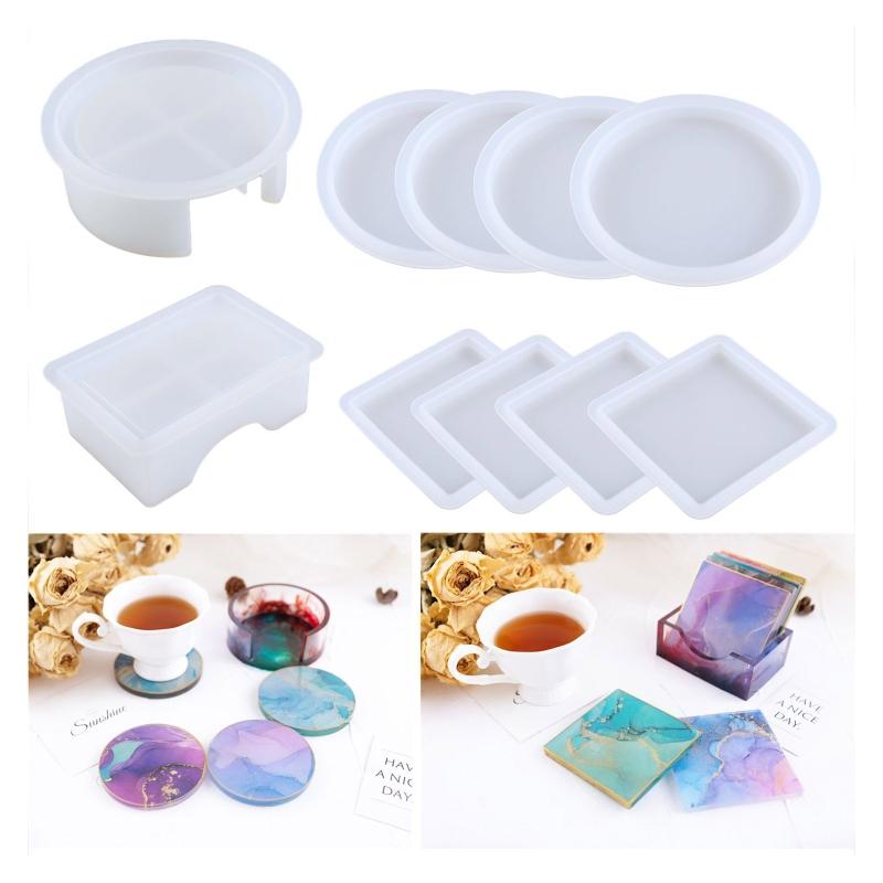 Resin Coasters Molds,4 Coasters Resin Molds for Epoxy Resin with Silicone Coaster Holder Mold,Epoxy Resin Coaster Mold