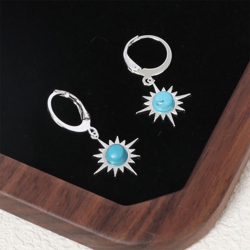 Light Luxury Style Stainless Steel Hoop Earrings Inlaid with Natural Stone Ins Women's Sun Flower Earrings