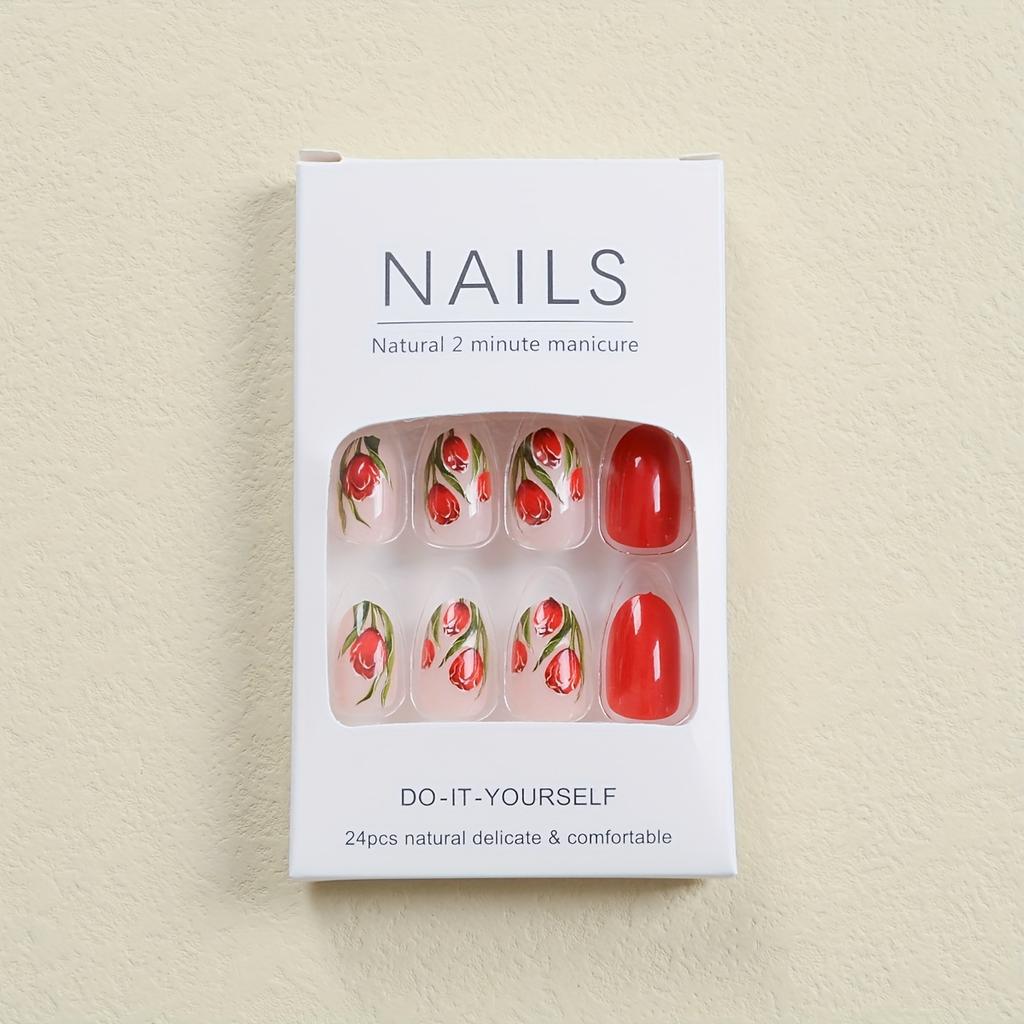24 шт. овальные накладные ногти среднего размера, накладные ногти ко Дню святого Валентина с дизайном из красных роз, акриловые ногти с полным покрытием, многоразовые накладные ногти 