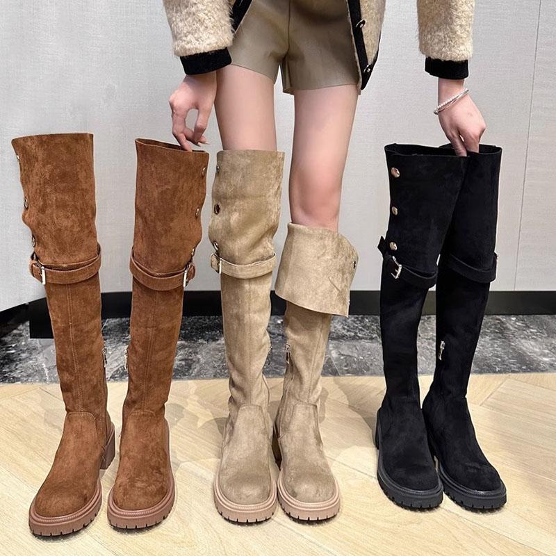 Winter Platform Women Long Boots Side Zippers Suded Over-The-Knee High Boots Female Elegant Square Heel Womens Belt Buckle Boots