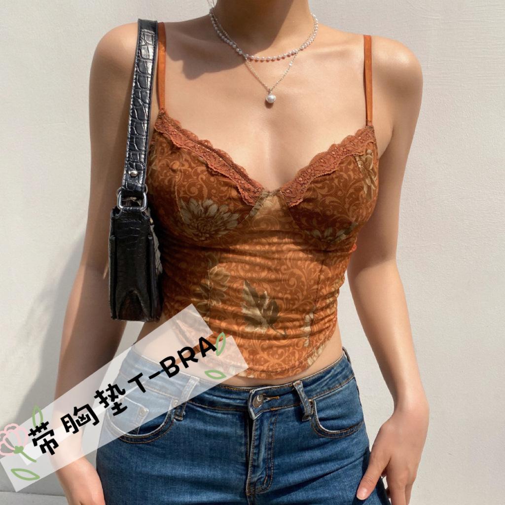 Maple leaf print sling vest inside, spring and summer French design sense, niche outer short top women Stylish Lace Trim Corset-style Top