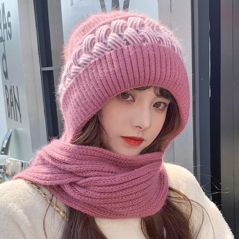 Hat Female Autumn and Winter Warm Knitted Wool Snow Hat Cycling Mother Fashion Ear Protection Headgear Scarf Integrated Hat