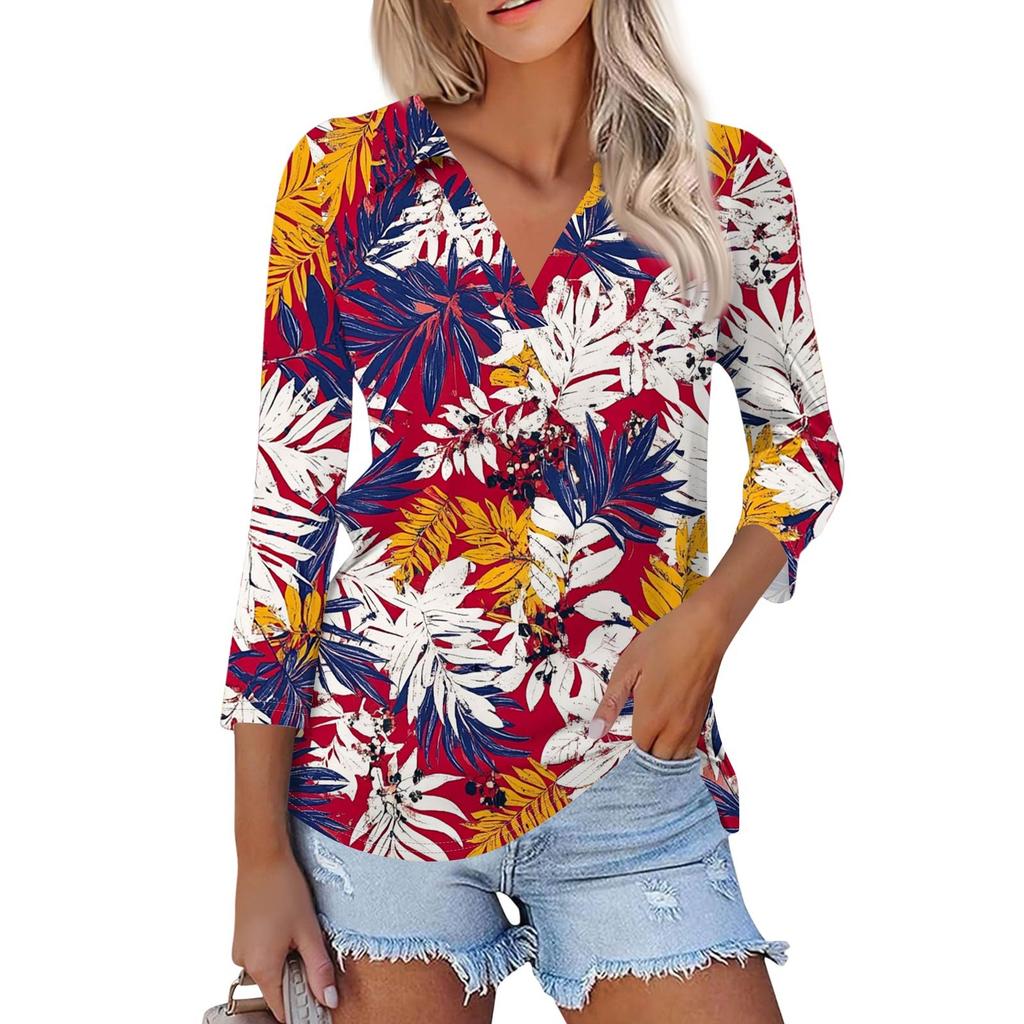 Женская летняя модная повседневная рубашка с v-образным вырезом и семью рукавами с принтом, топ