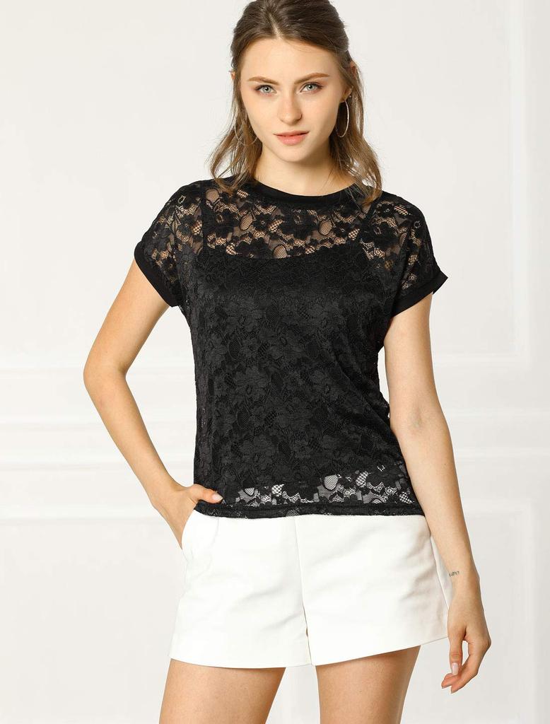 Allegra K Lace Short Floral Round Size L Women's Top, See-Through Blouse, Sleeve, Print, Neck, Thin, Black,