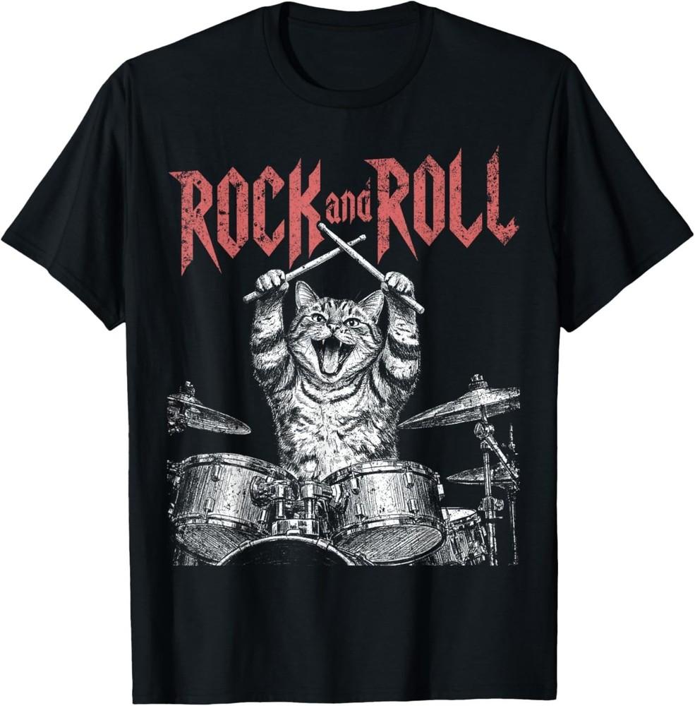 Кот-барабанщик Rock N Roll Винтажный кот с барабаном Ретро Музыка Унисекс Футболка