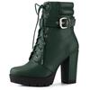 Allegra K Women's Buckle Lace-Up Ankle Boots with Platform Block Heels, Dark Green, Size 23.5cm