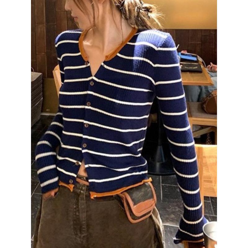 Women's Slim Fit Korean V-Neck Striped Knit Cardigan – Early Autumn Retro Style Sweater