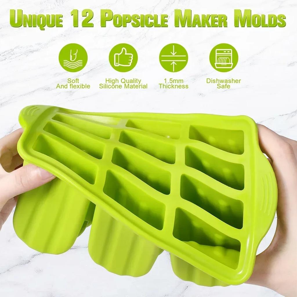 Silicone Ice Lolly Mould Tools with 50 Ice Cream Sticks and Packaging Bag DIY Ice Cream Maker Can Make 12pcs Ice Cream At Once