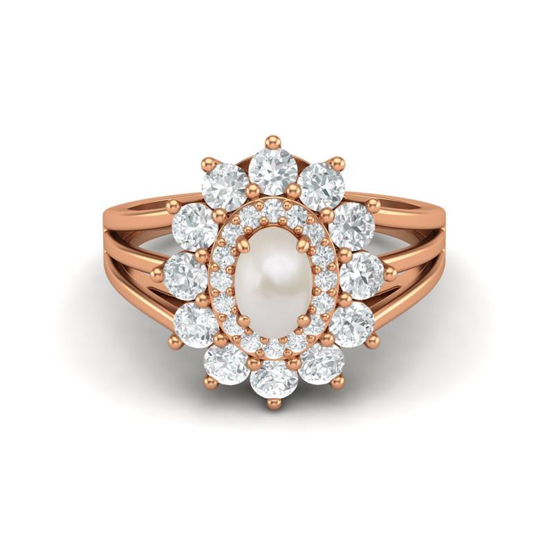 Кольцо с овальным жемчугом 6x4 мм и камнями, сплит-shank, покрытие розовым золотом, 925 пробы