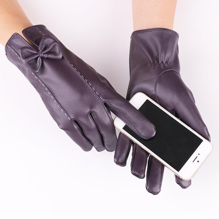 New Autumn and Winter Women's Touch Screen Leather Gloves with Bow Color Warm Plus Velvet Riding Touch Screen Gloves for Winter