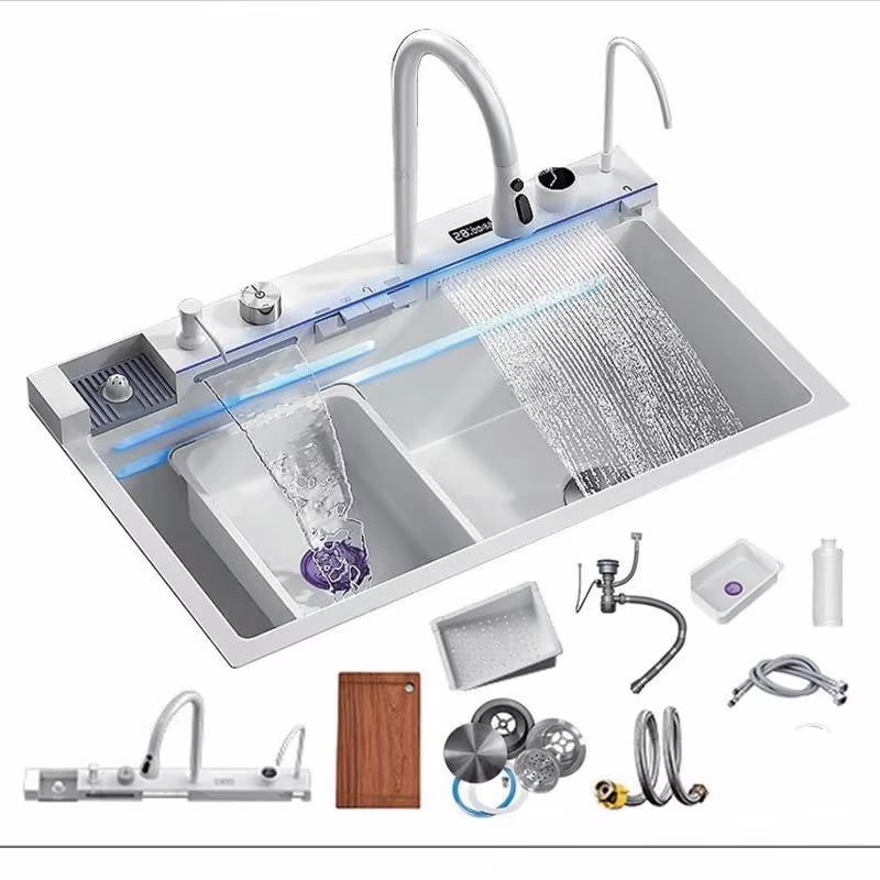 Белая кухонная раковина Nano с одним слотом, встроенный цифровой дисплей, кран с водопадом, дозатор мыла, чашка, мойка, чистый кран