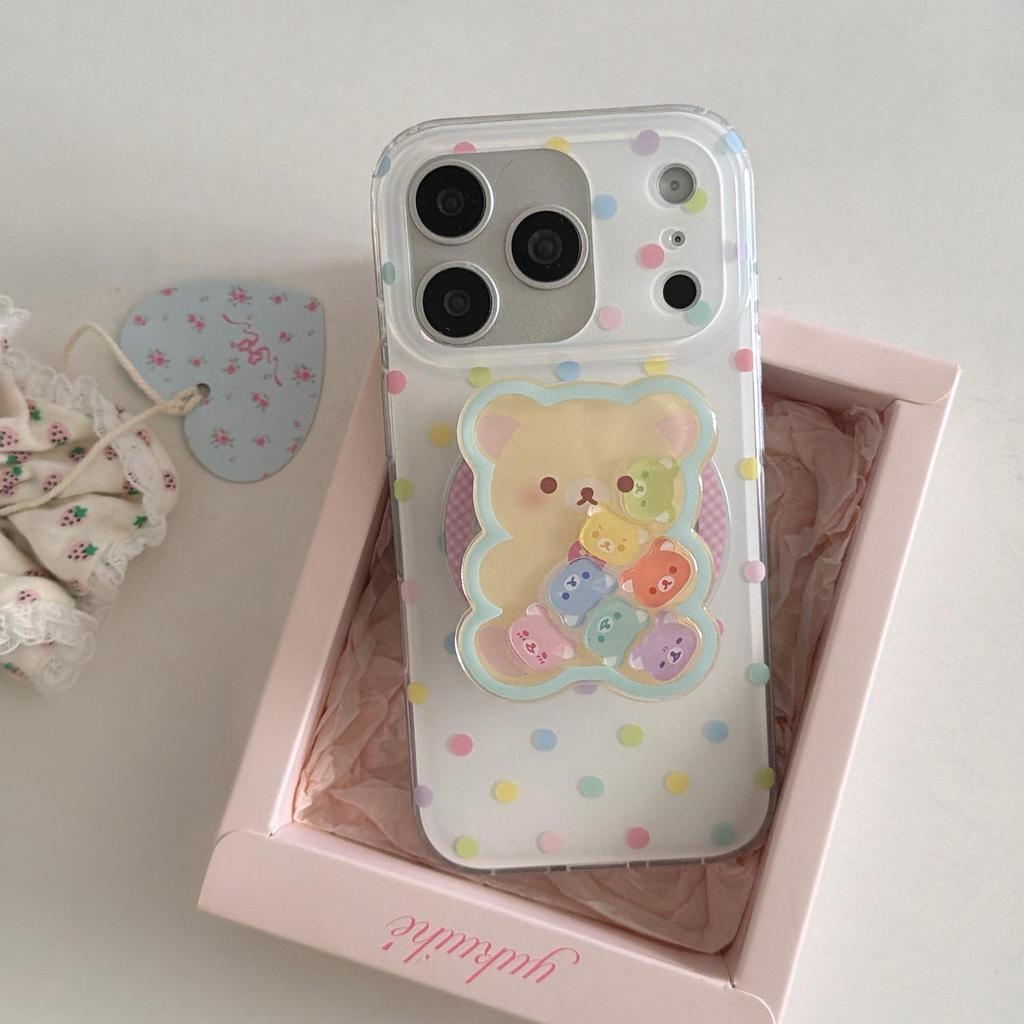 Цветной чехол-подставка с рисунком в горошек и мишкой для iPhone 15/14/16 17 Pro Max