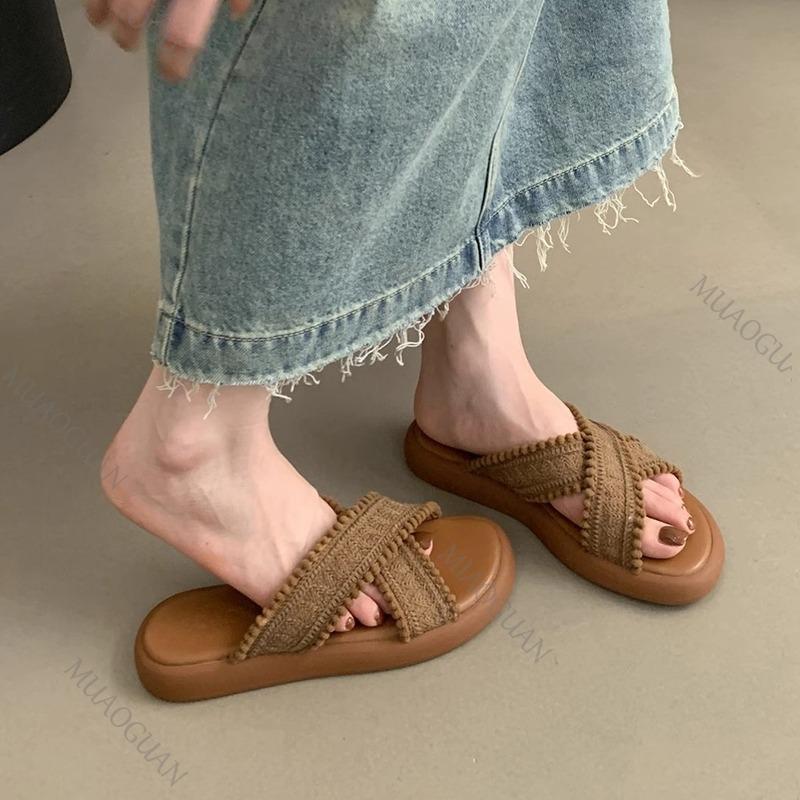 Summers Women Flat Bottom Slipper Open Toe Summer Retro Woven Cross Bohemian Style Slides Sandals Casual Outside Beach Slipper