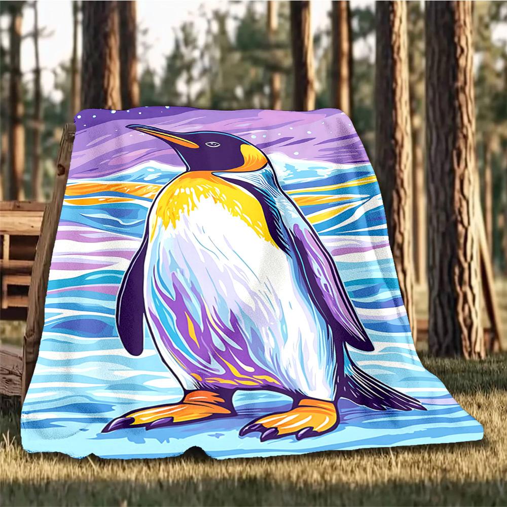 1pc Penguin Art Print Outdoor Flannel Blanket Soft All Season Polyester Throw , Perfect for Picnics & Travel , Picnic Accessory