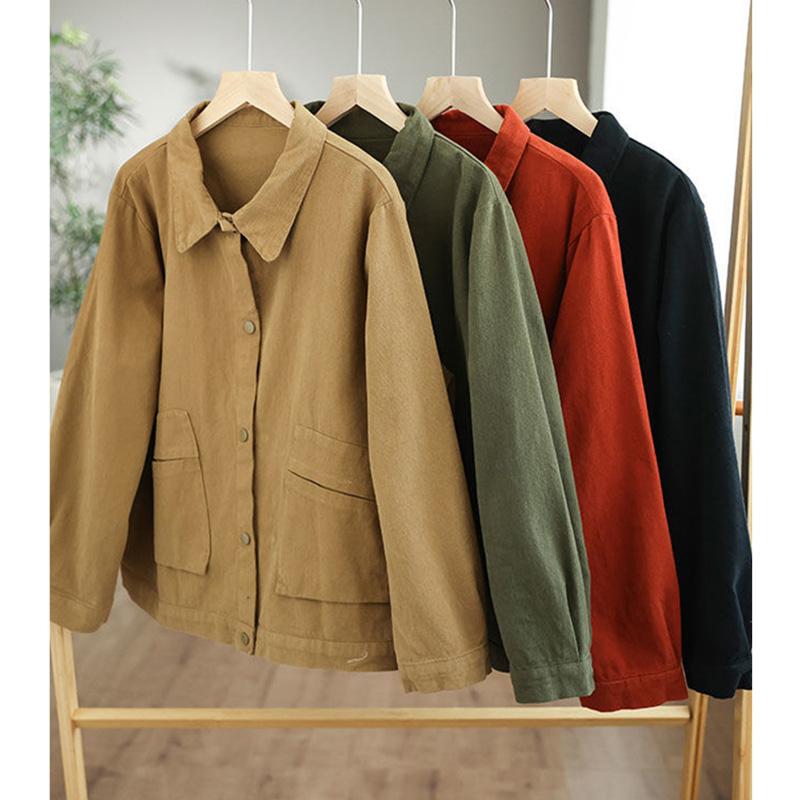 Cotton Jacket Women Autumn Short Casual Button Jacket Loose Simple Large Size Long Sleeve Tops