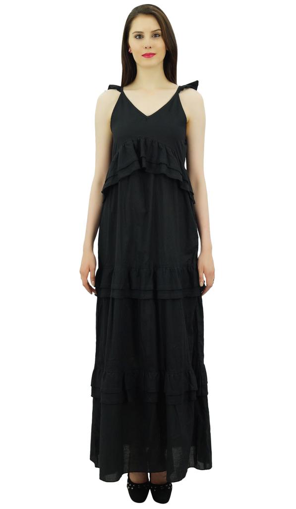 Bimba Sexy Summer Spaghetti Strap Sundress V-Neck Casual Ruffle Long Maxi Beach