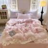 Korean Style Bedding Sets Pink Grid Bow Quilt Cover Romantic Bed Sheet Sets Woman Girls Bedroom Duvet Cover 4pcs
