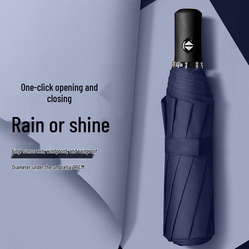24-Rib Automatic Black UV Protection Umbrella with Wooden Handle, Windproof for Men & Women - Large, Reinforced for Sun & Rain