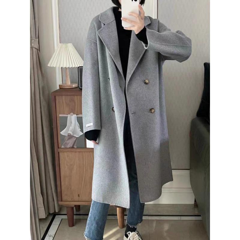 Autumn and Winter Korean Style Long Hair Baby Camel Wool Double-sided Wool Coat Double-breasted Simple High-end Coat New Style for Women