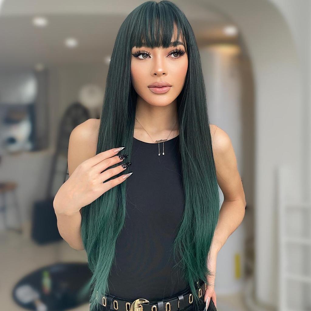 HAIRCUBE Длинные прямые темно-зеленые синтетические парики Косплей волосы с челкой Женские парики Ежедневное использование Термостойкие парики