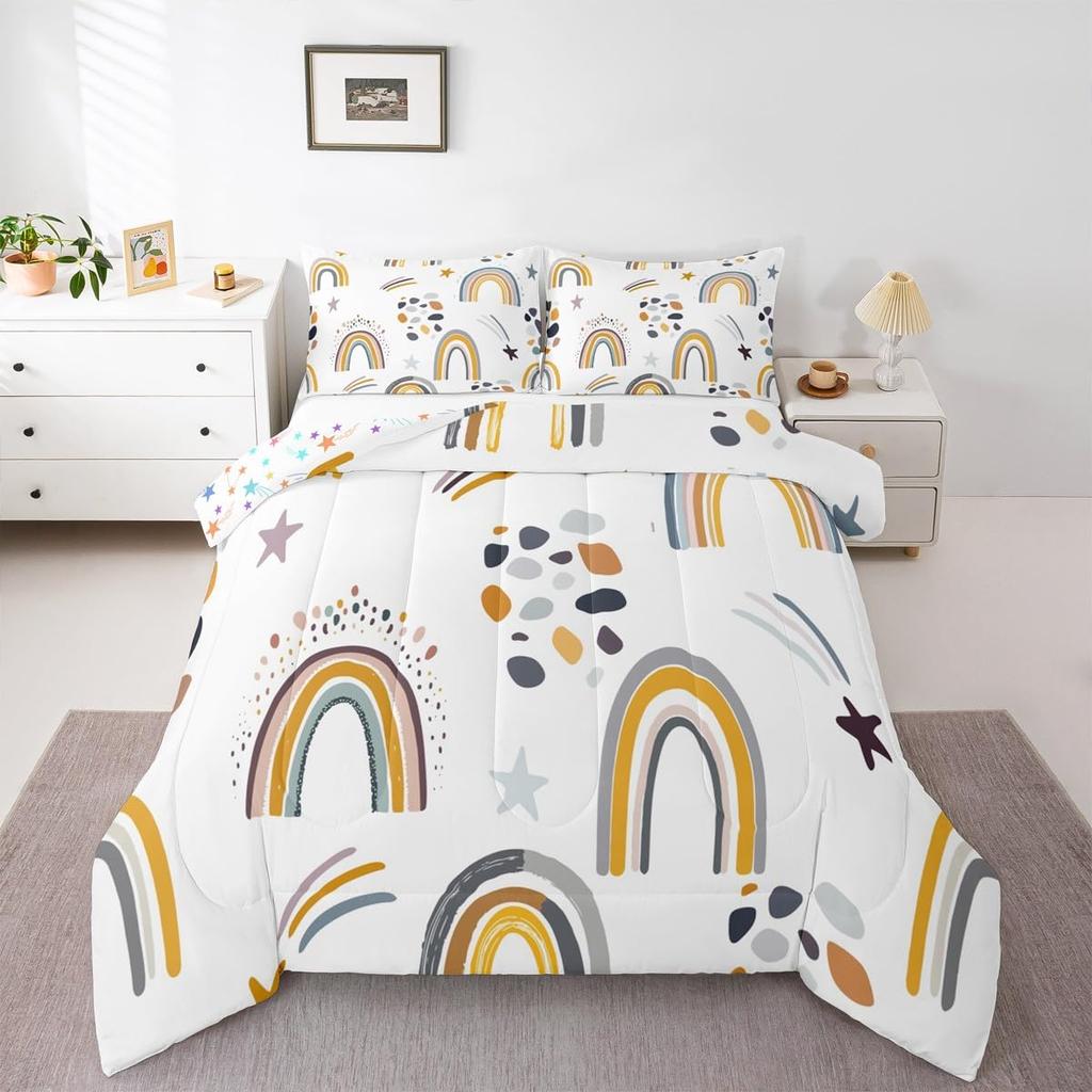 Erosebridal Rainbow Comforter Set 2Pcs, Kawaii Cartoon Cloud Quilt Iridescent Twin for Kids Girls Women Teens, Love Heart Duvet Insert Hand