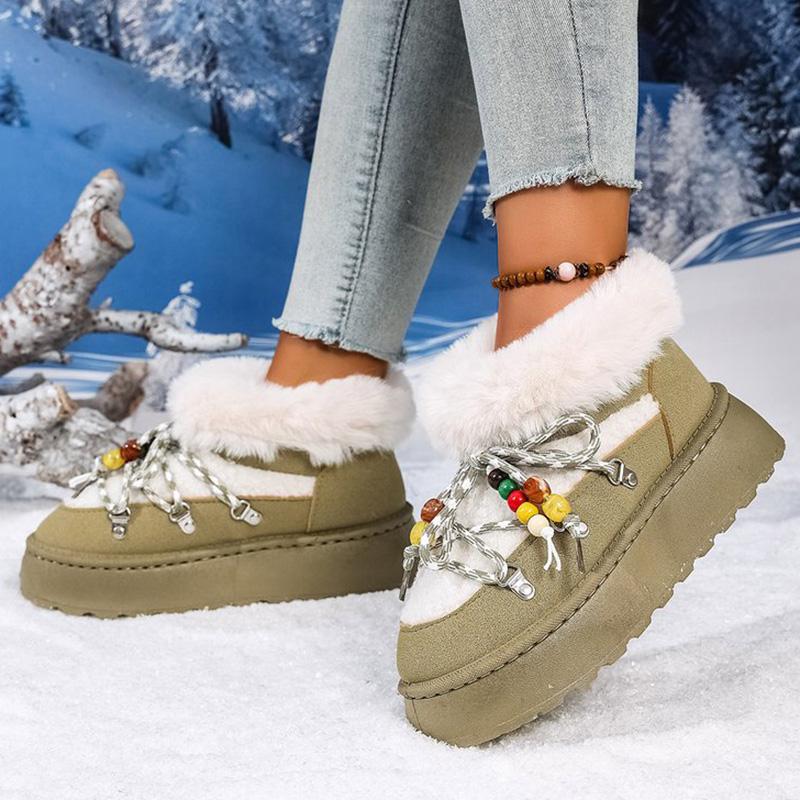 Богемные Зимние Сапоги на Шнуровке с Бусинами Женские Зимние Мягкие Теплые Ботильоны из Искусственного Меха Женские Большого Размера 36-43 Платформа Botas Mujer