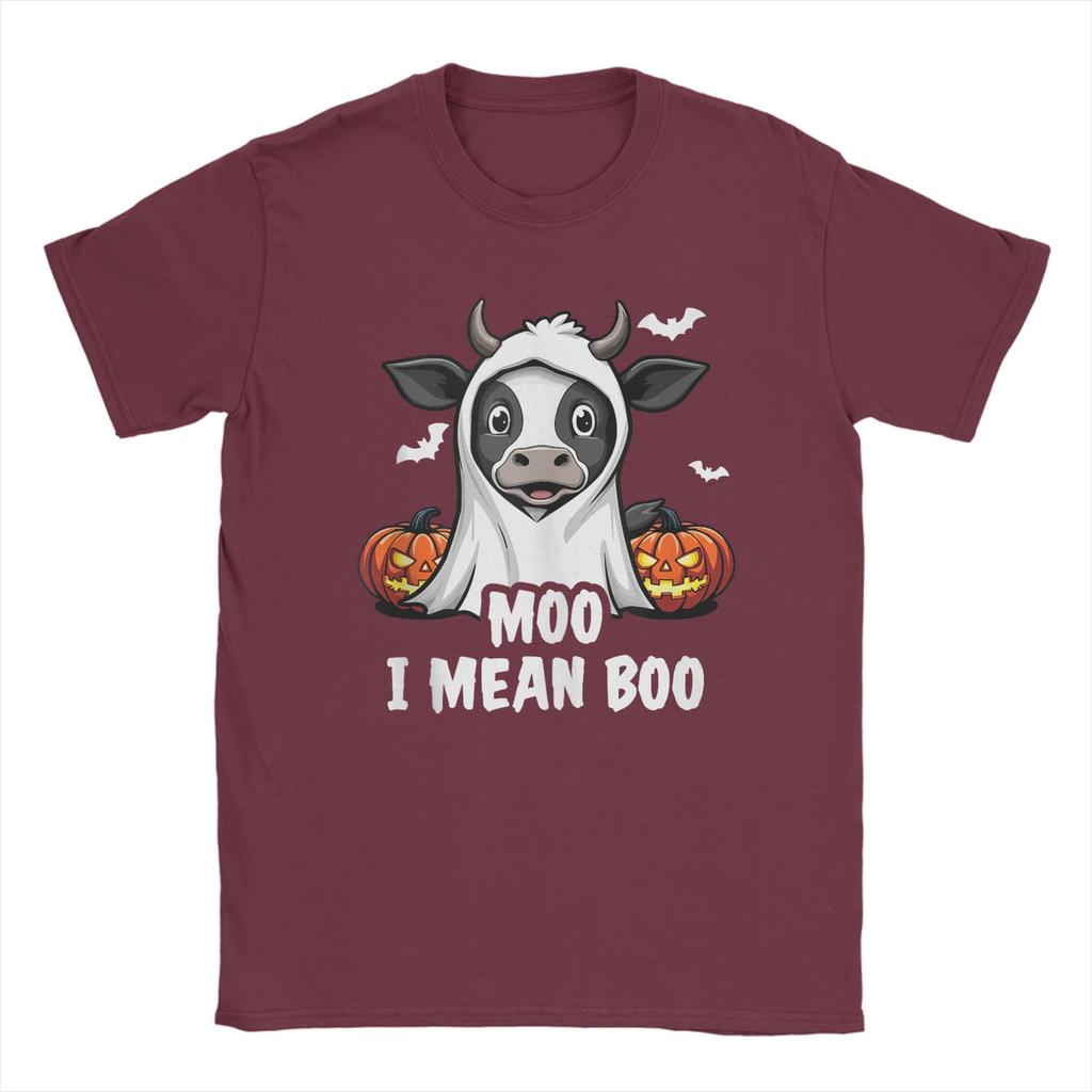 Moo I Mean Boo Funny Cow Wearing Halloween Ghost Men T Shirt Amazing Tee Shirt Short Sleeve Round Neck T-Shirt Cotton Summer Top