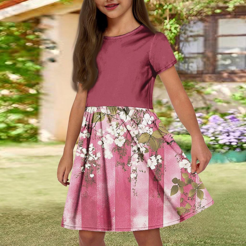 Летнее платье для девочек, однотонное платье без рукавов с принтом и карманом, повседневное платье, вечернее платье с короткими рукавами