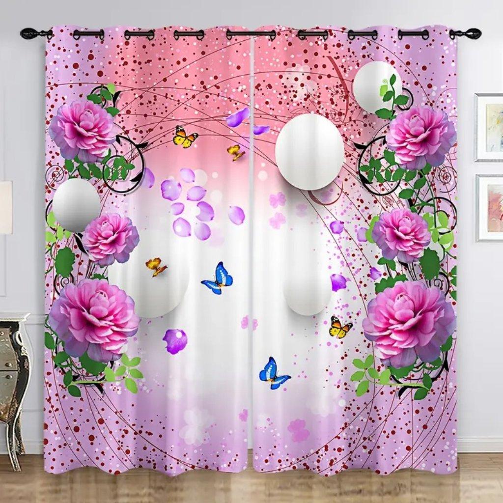 2pcs Vintage Sunflower Print Curtain Digital Printing Living Room Curtains, Grommet Top Rod Pocket Hook Curtains