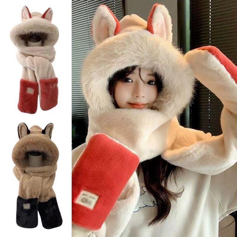 Winter New Fire Fox Plush Hat Scarf Women's Gloves Integrated Three-piece Set Student Warm Thickened Hat