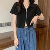 Французский дизайн Поло лацкан короткий рукав женская футболка летняя тонкая нишевая модель молния короткий рукав короткий топ