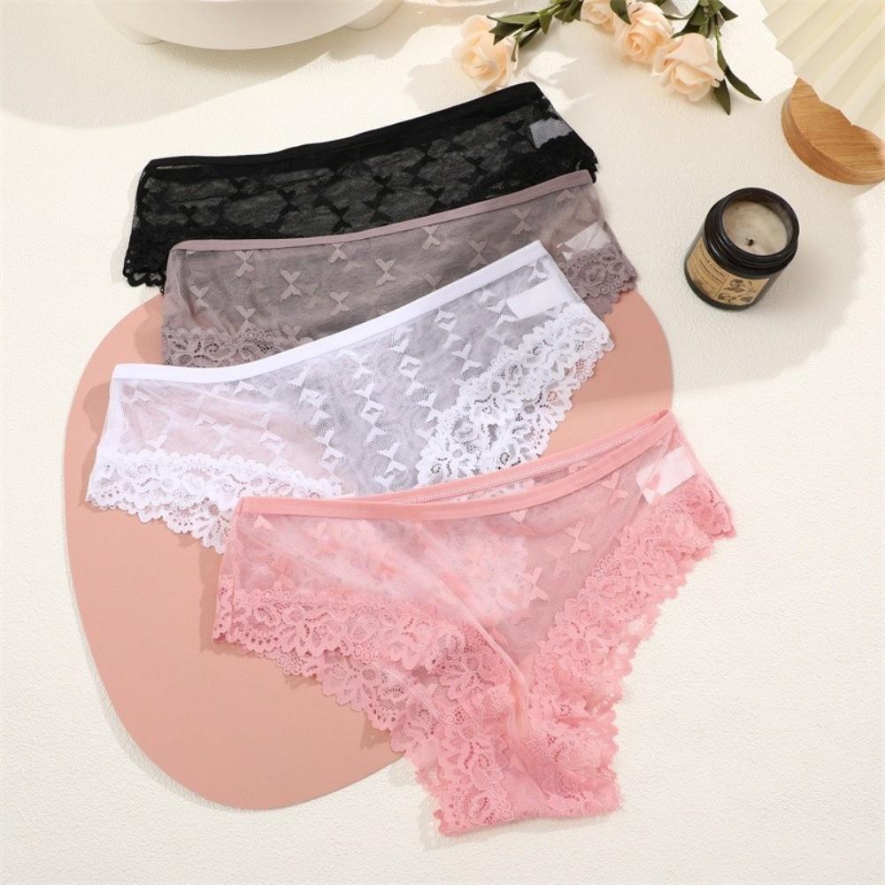 Seamless Lace Trim Briefs Transparent Women Lace Panties Breathable Sheer Mesh Underwear Girls