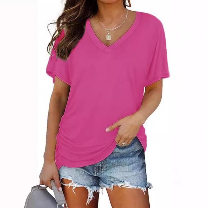 VEZFAA Женские модные повседневные летние весенние однотонные блузки и рубашки с v-образным вырезом и короткими рукавами с принтом