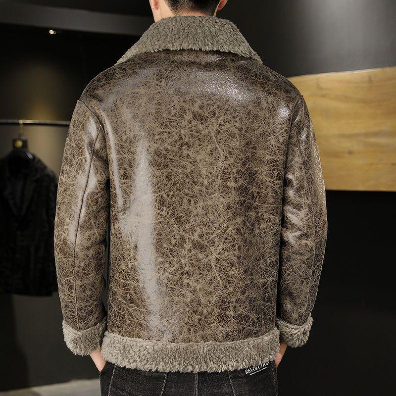 Зимняя мужская меховая цельная куртка с овечьей шерстью, двусторонний лацкан, приталенный топ
