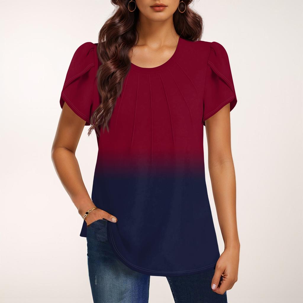 Женская модная футболка с круглым вырезом и коротким рукавом с градиентным принтом, повседневная базовая плиссированная футболка-пуловер