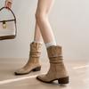 Pile Boots Women's Inner Height Increase 2025 Autumn New High-heeled Maillard Khaki Pleated Western Cowboy Booties