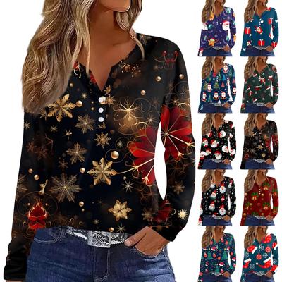 Женская футболка с рождественским принтом на пуговицах с длинным рукавом, повседневная, выходного дня, модная, базовая, с V-образным вырезом, обычная