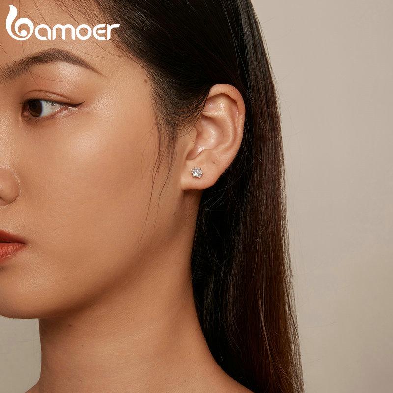 BAMOER, серьги-гвоздики из стерлингового серебра 925 пробы с кристаллами и звездами, серьги-гвоздики с кубическим цирконием для женщин, романтические изящные ювелирные изделия, подарок