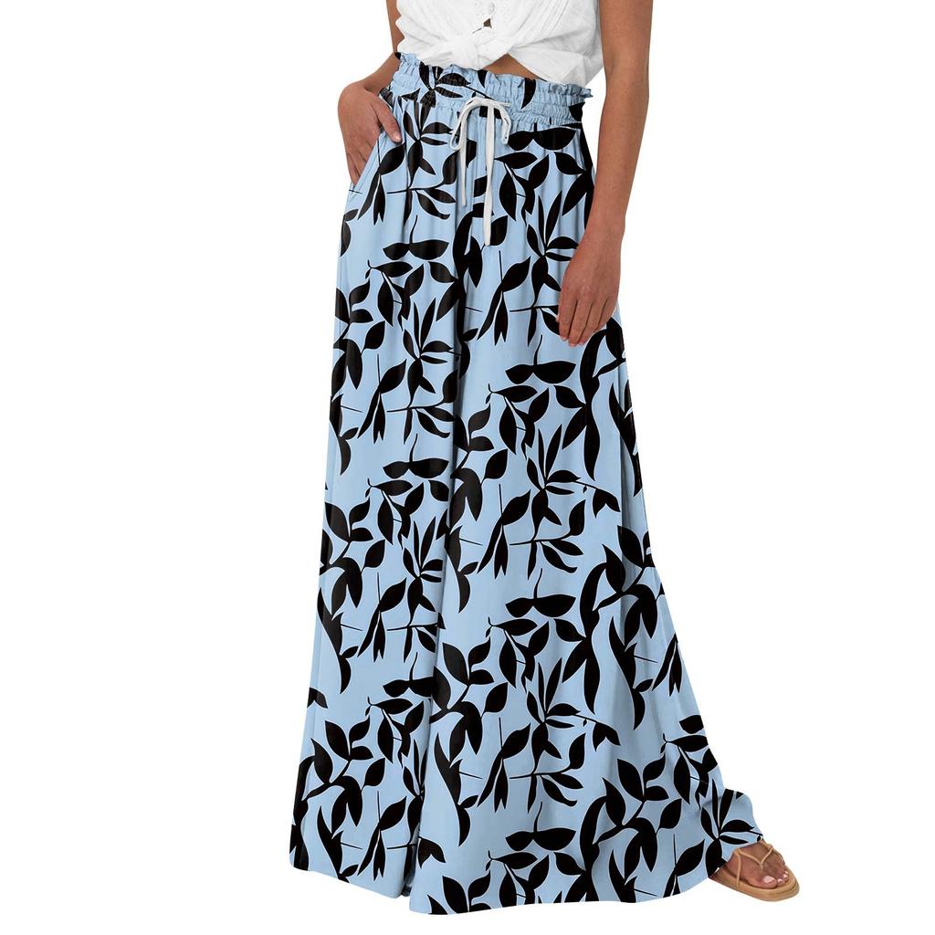Женские брюки-палаццо с цветочным принтом в стиле бохо, широкие брюки, летние пляжные струящиеся брюки с высокой талией и карманами